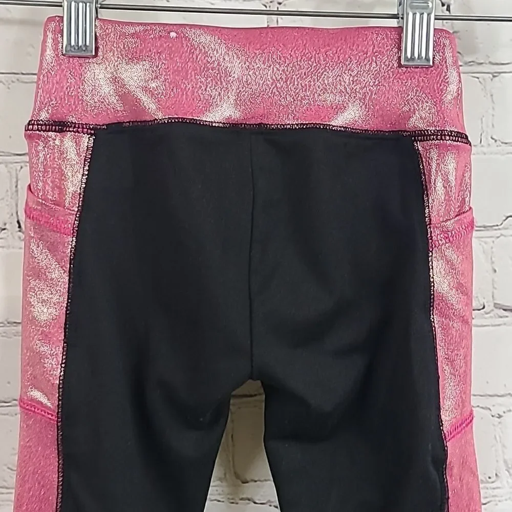 Justice Girls Leggings XS 5/6 Black Pink Shimmer Athletic Side Pocket Activewear